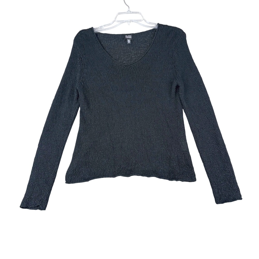 Eileen Fisher M Black V-Neck Sweater Italian Yarn Linen Blend Open Knit Luxury